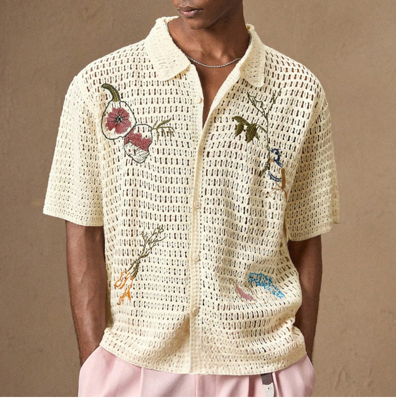 CAMICIA IN MAGLIA TRAFORATA CON RICAMI