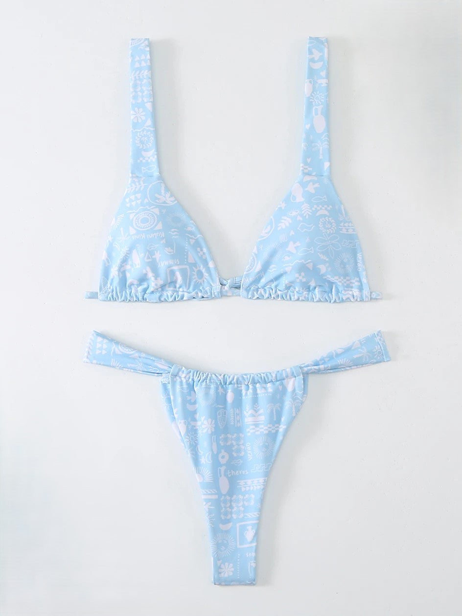 BIKINI A FANTASIA CELESTE SLIP A TENDINA