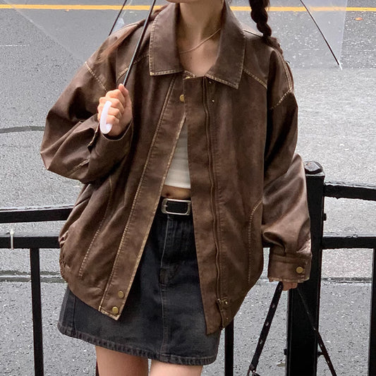 OVERSIZED BOMBER IN AGED ECO-LEATHER