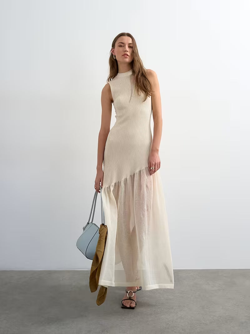 VESTITO LUNGO IN MAGLIA E TULLE