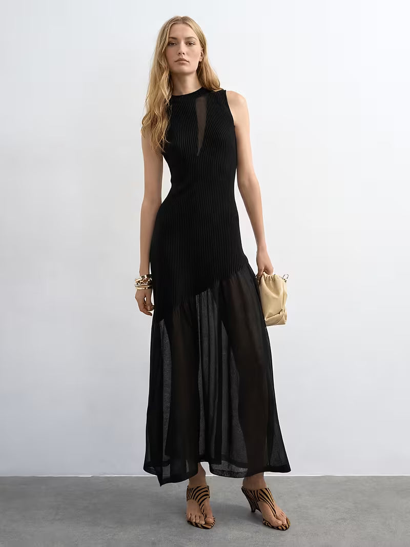 VESTITO LUNGO IN MAGLIA E TULLE