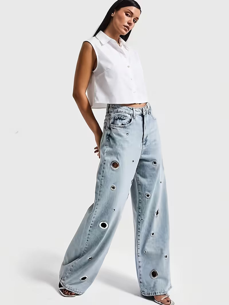 JEANS WIDE LEG CON OCCHIELLI METALLICI