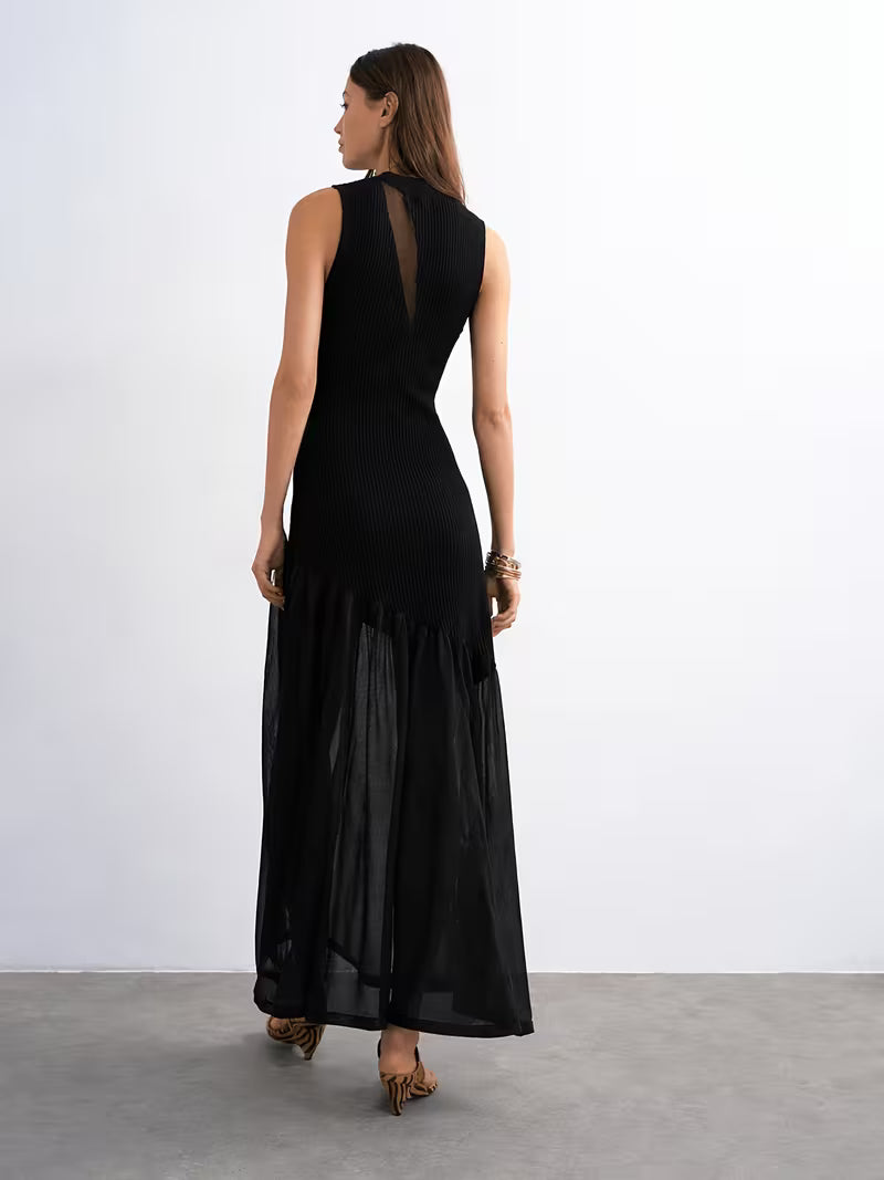 VESTITO LUNGO IN MAGLIA E TULLE