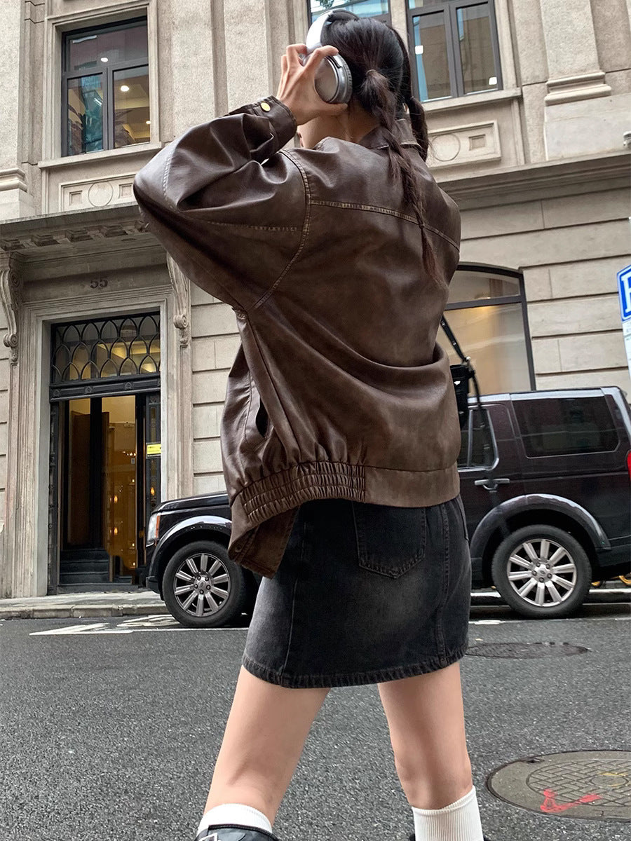 OVERSIZED BOMBER IN AGED ECO-LEATHER