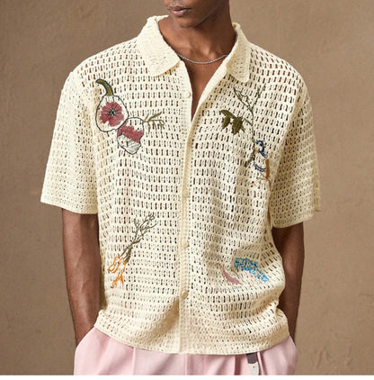 CAMICIA IN MAGLIA TRAFORATA CON RICAMI