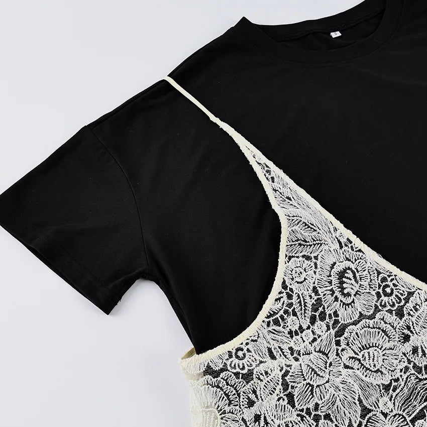 T-SHIRT NERA CON CANOTTA IN PIZZO