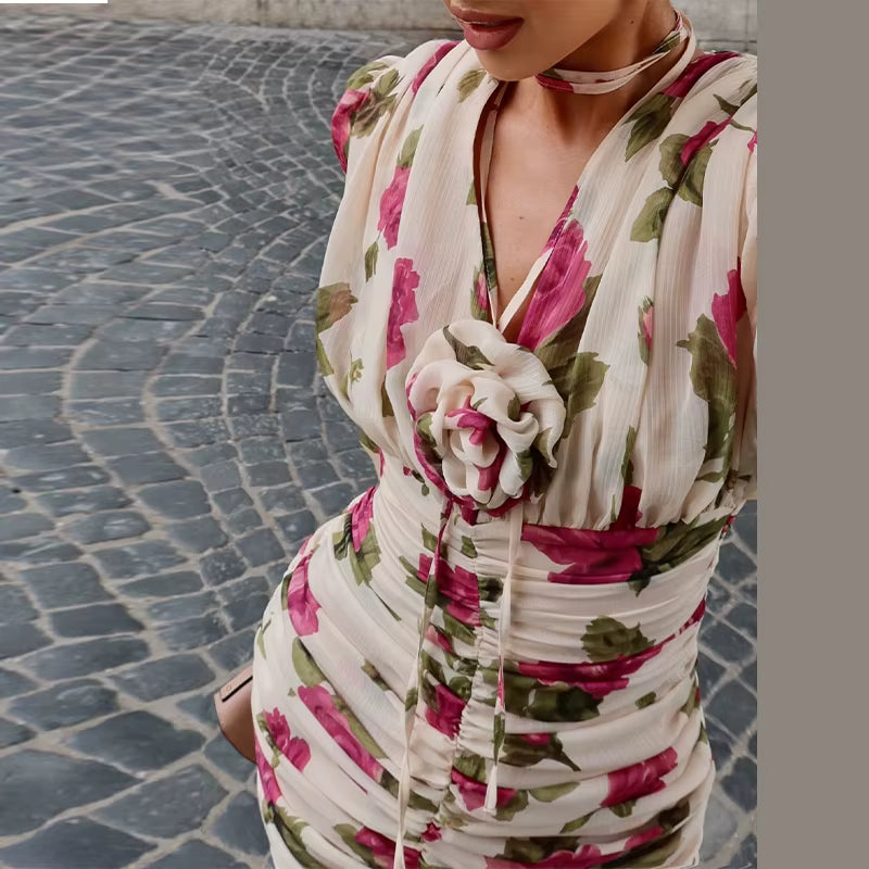 VESTITO MINI FLOREALE CON DRAPPEGGIO