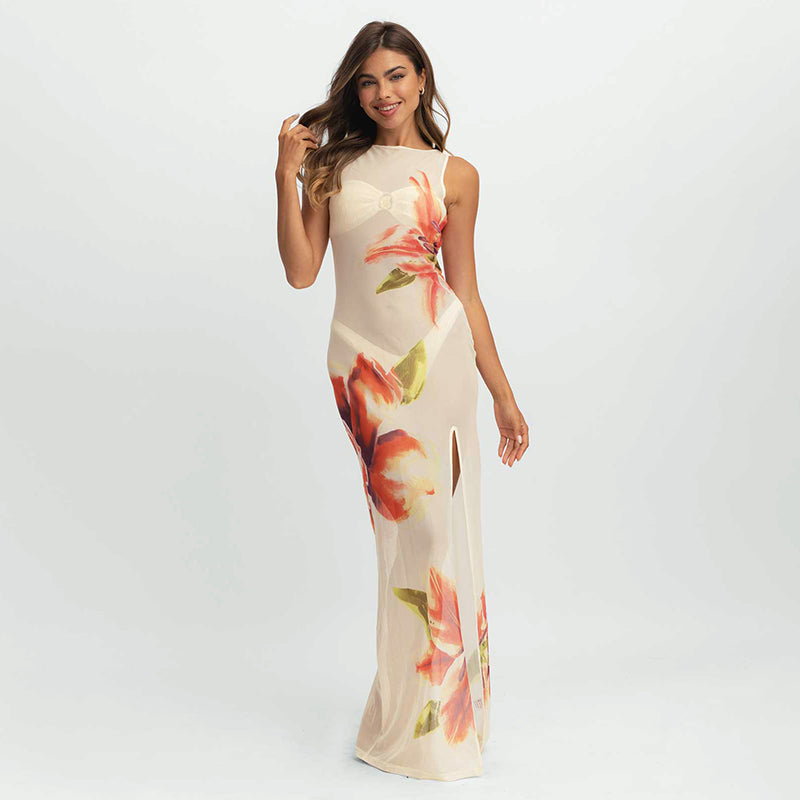 VESTITO COPRICOSTUME IN TULLE STAMPATO