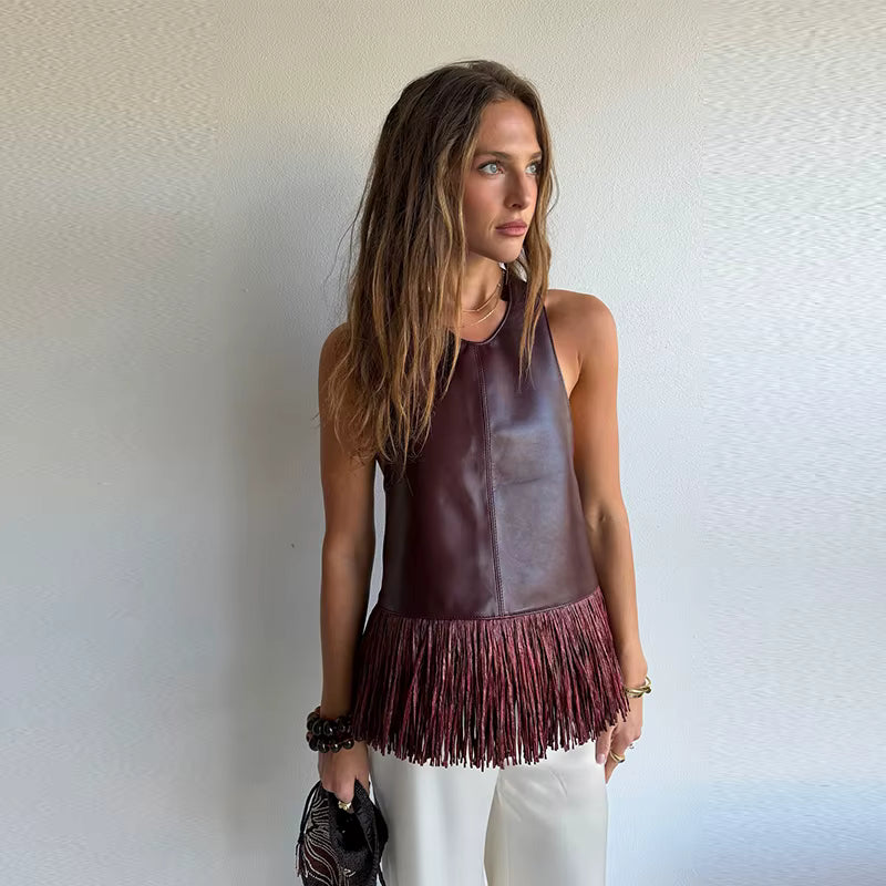 TOP IN ECOPELLE CON FRANGE