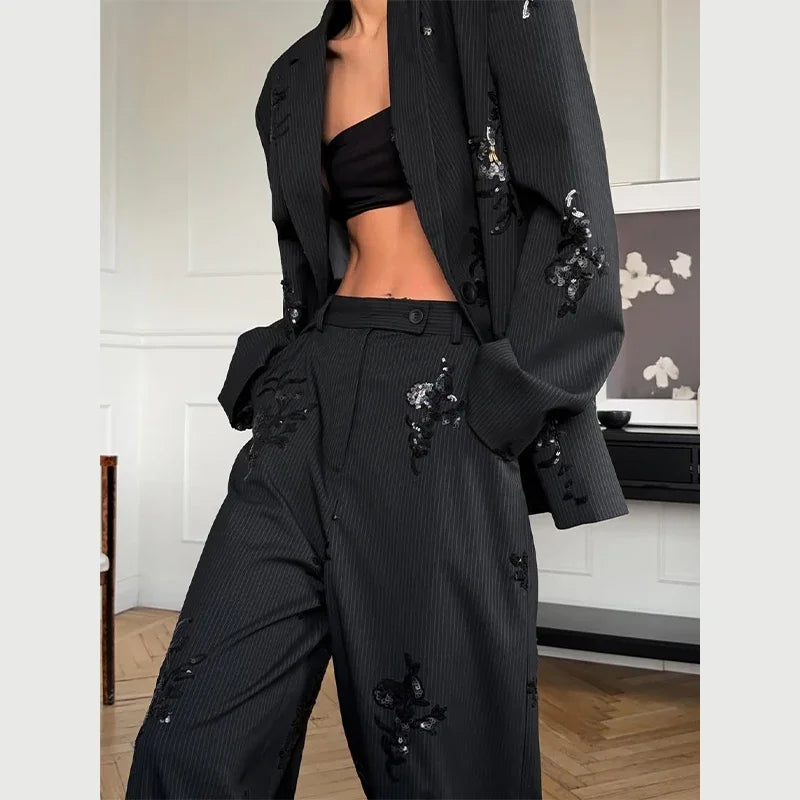 PANTALONE GESSATO CON PAILLETTES