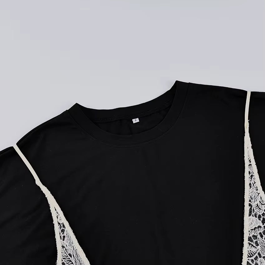 T-SHIRT NERA CON CANOTTA IN PIZZO