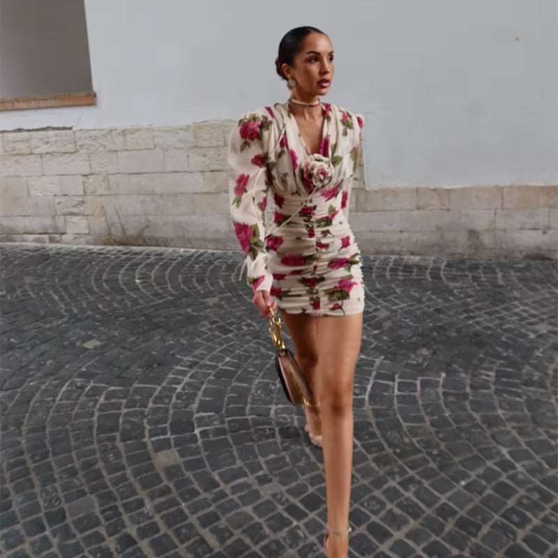 VESTITO MINI FLOREALE CON DRAPPEGGIO