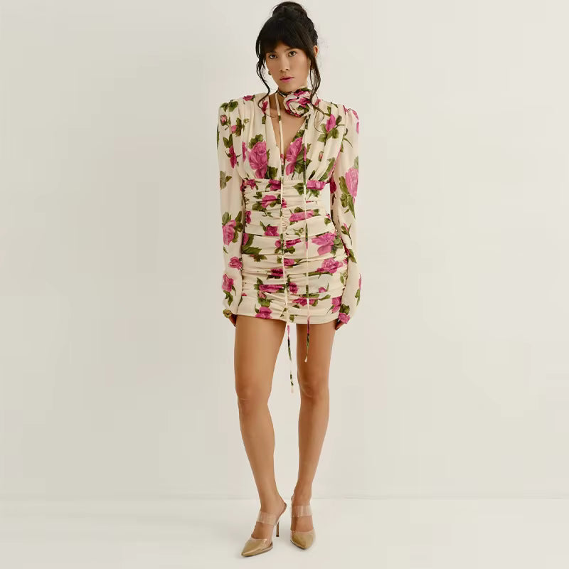 VESTITO MINI FLOREALE CON DRAPPEGGIO