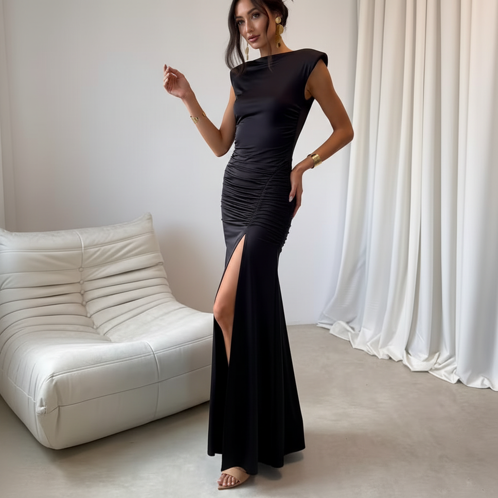 Black Ruched Maxi Dress – Editorial 1:1