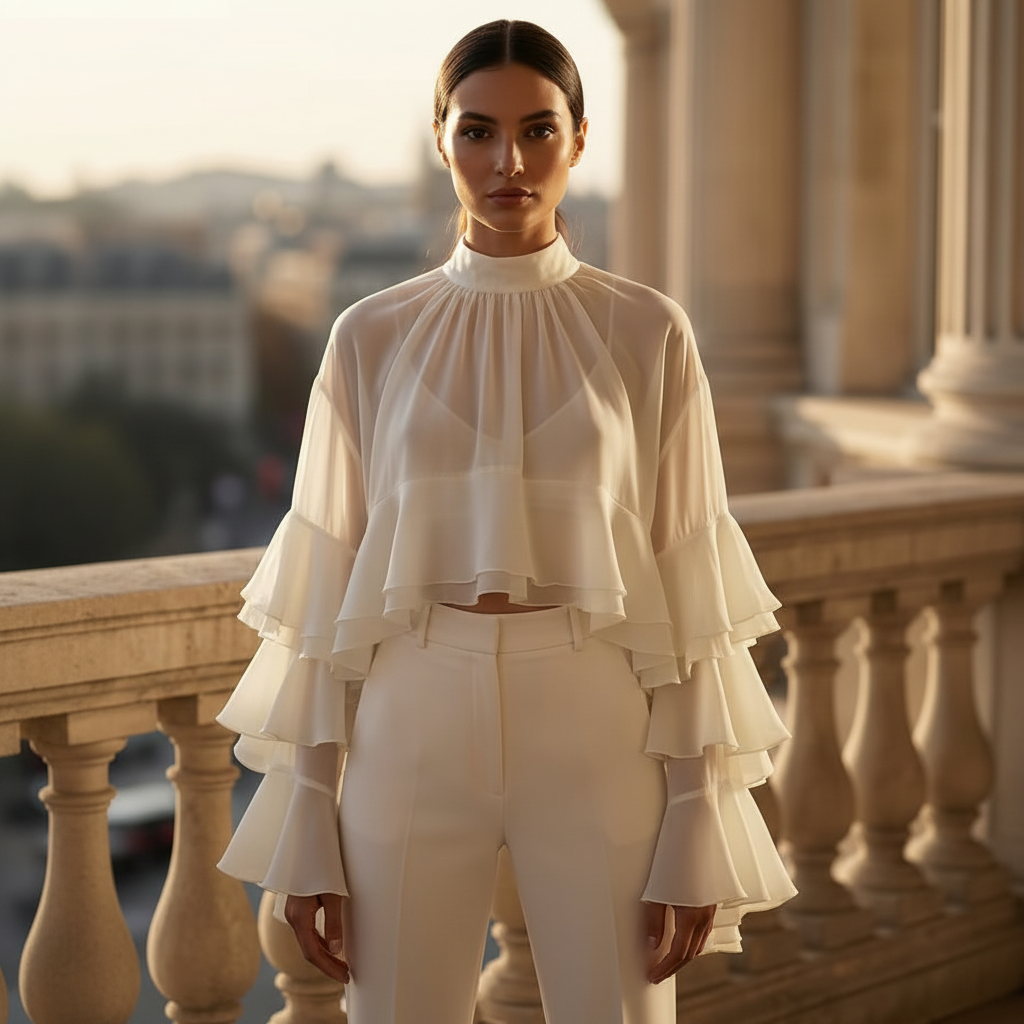 Blusa bianca ruffle - vista frontale