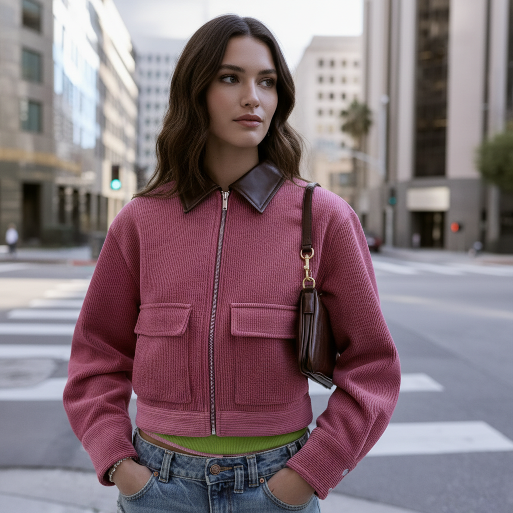 Close-up modella con giubbino corduroy rosa