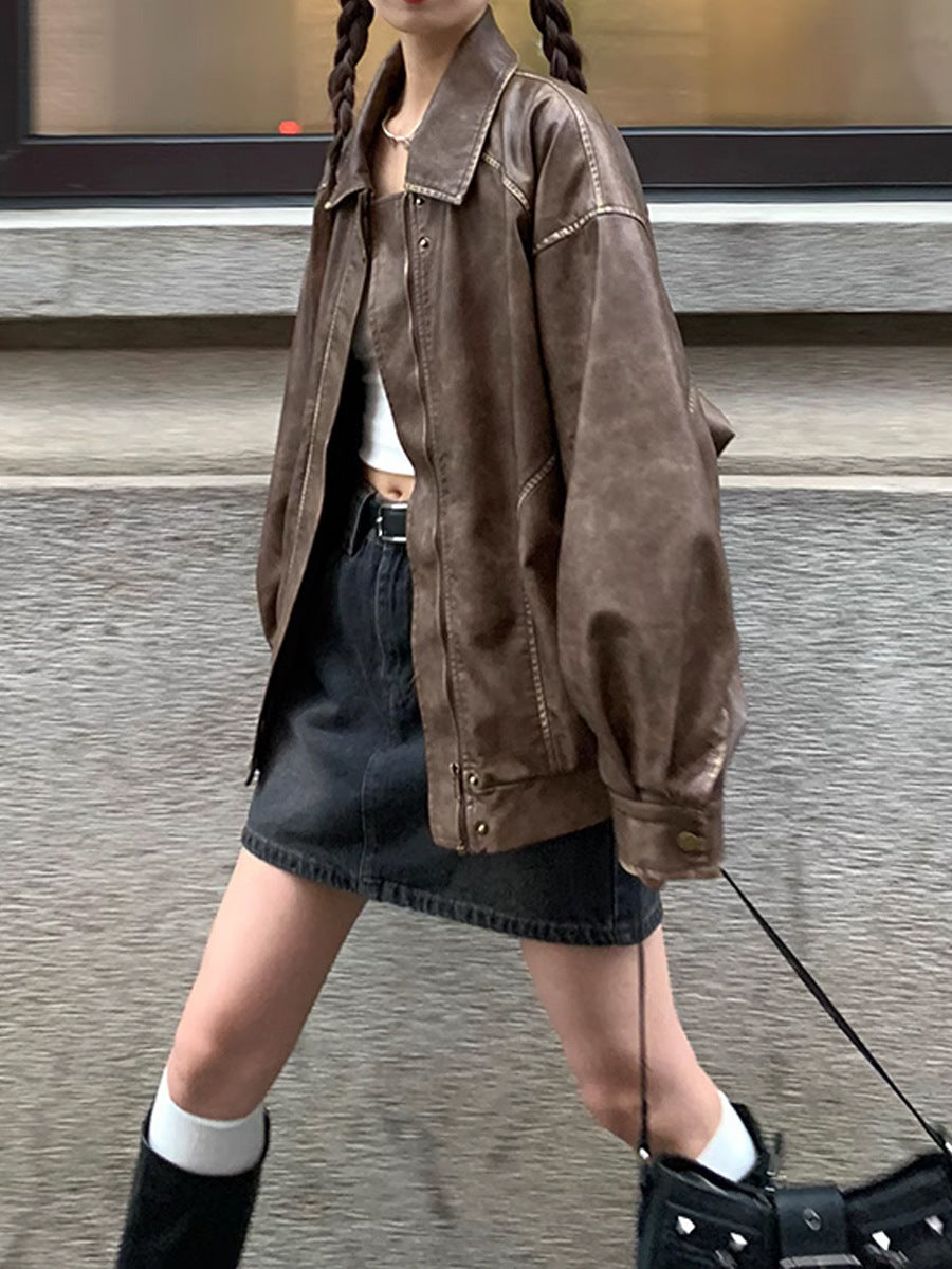 OVERSIZED BOMBER IN AGED ECO-LEATHER