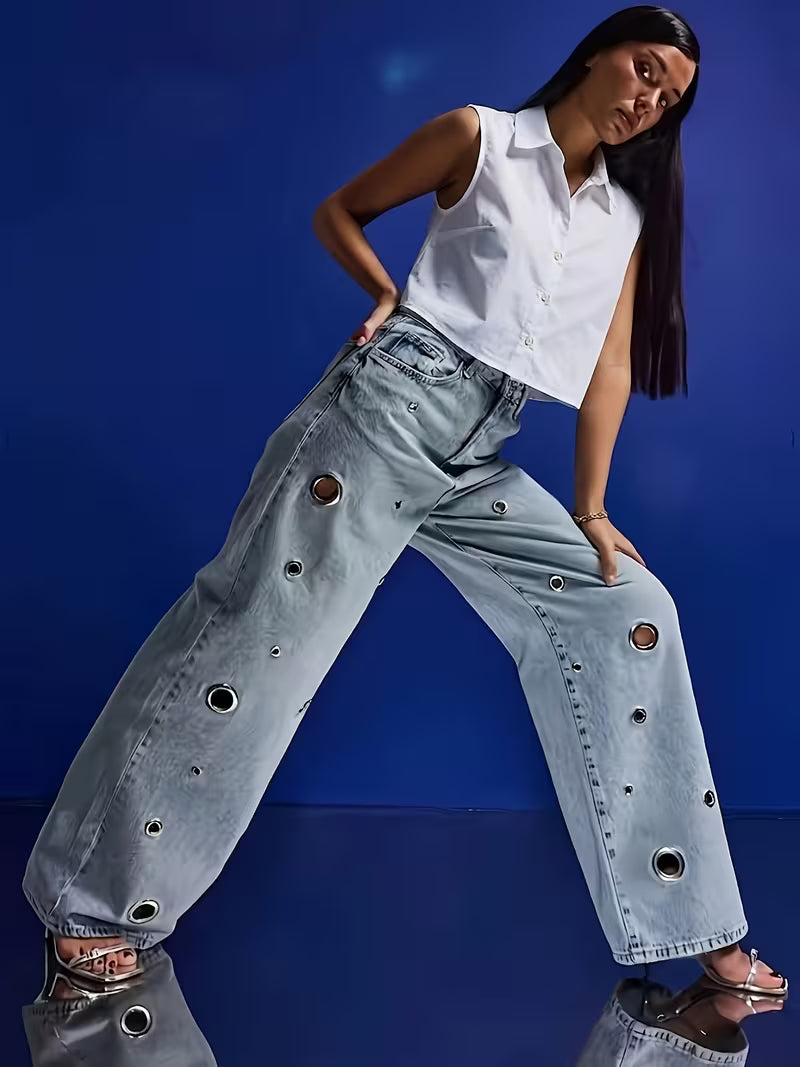 JEANS WIDE LEG CON OCCHIELLI METALLICI