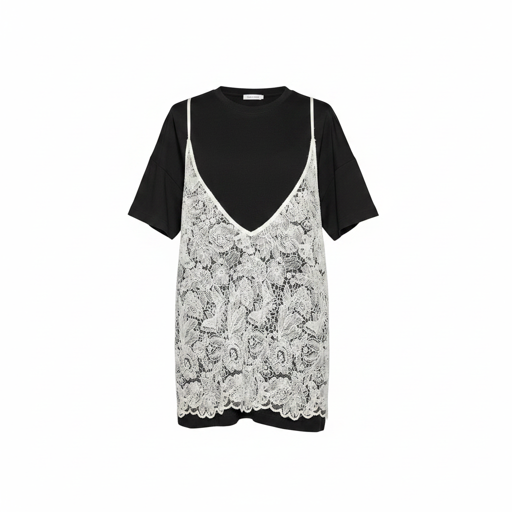 T-SHIRT NERA CON CANOTTA IN PIZZO