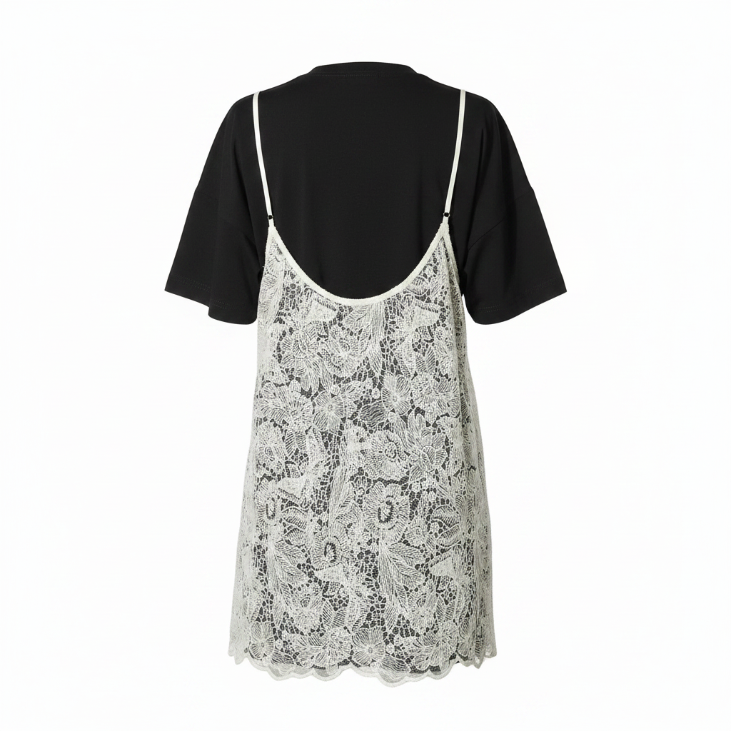 T-SHIRT NERA CON CANOTTA IN PIZZO