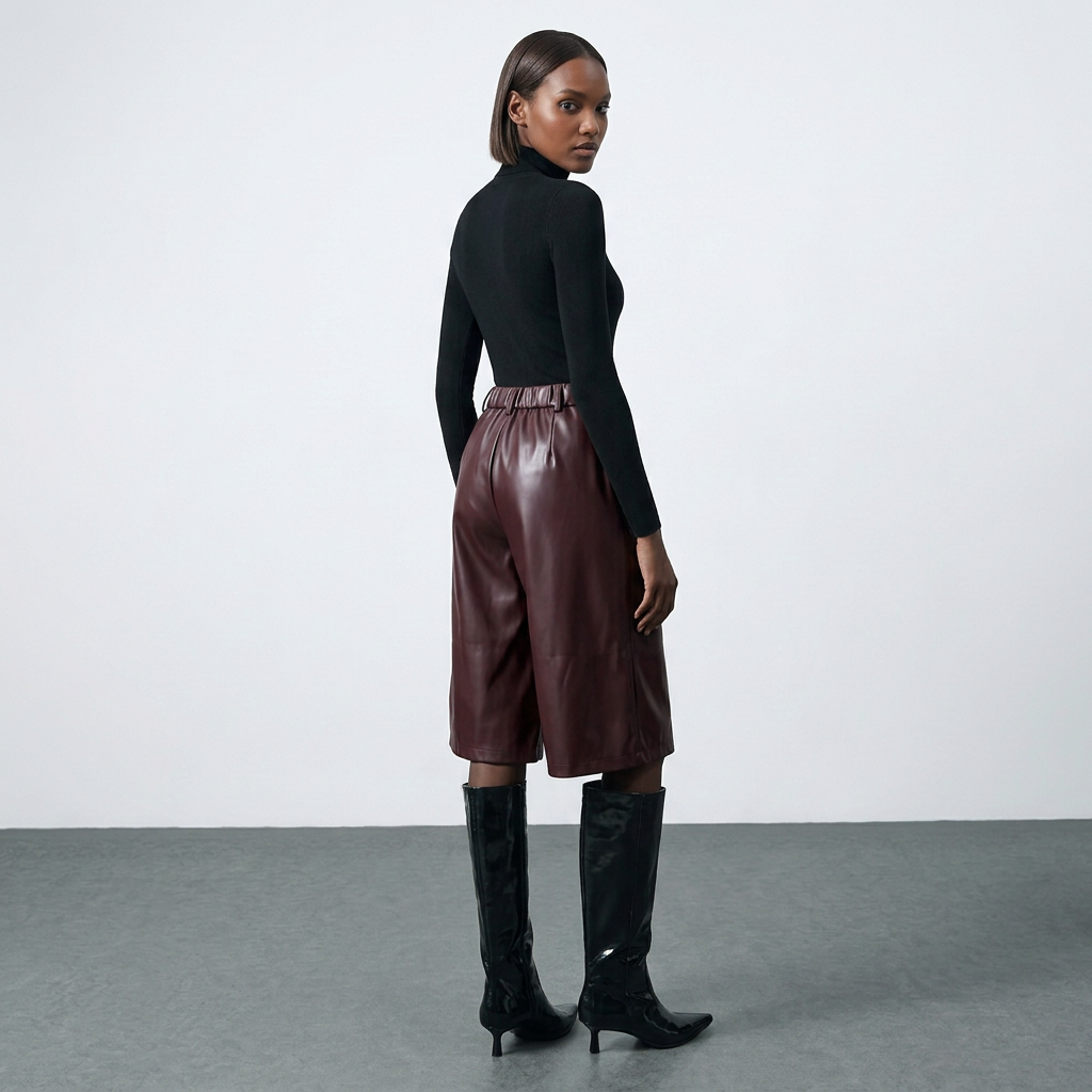 Modella con bermuda bordeaux di tre quarti posteriore