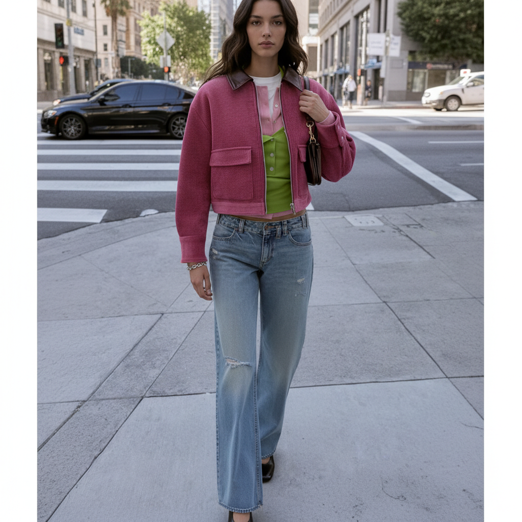 Modella con giubbino corduroy rosa
