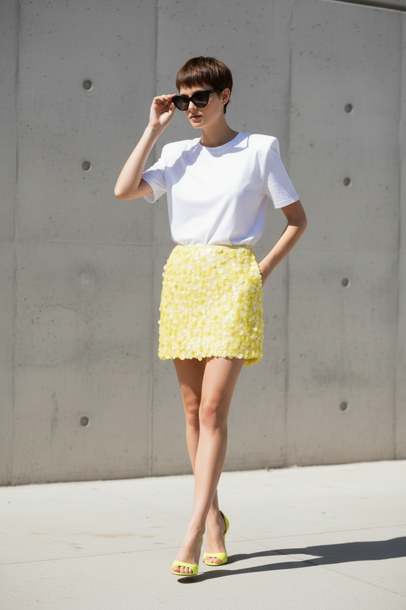 Modella gonna gialla - posa walking