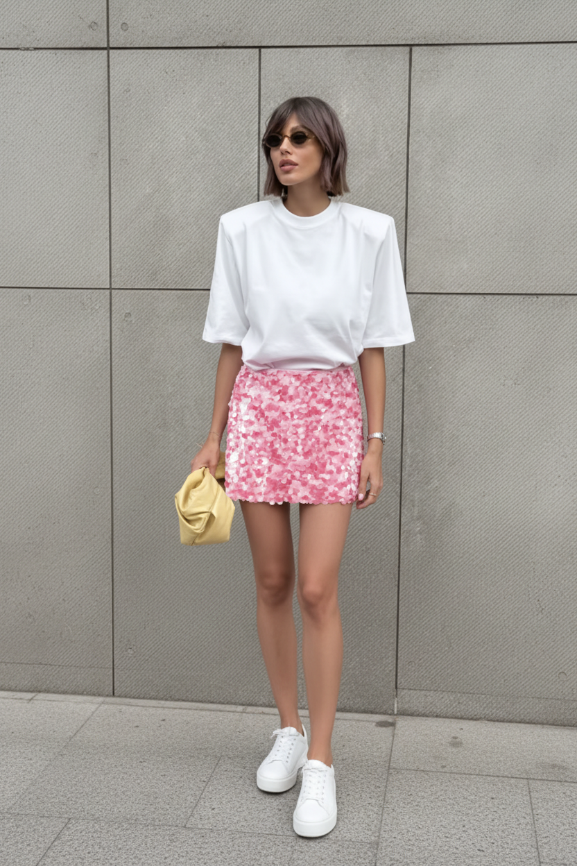 Modella gonna paillettes rosa
