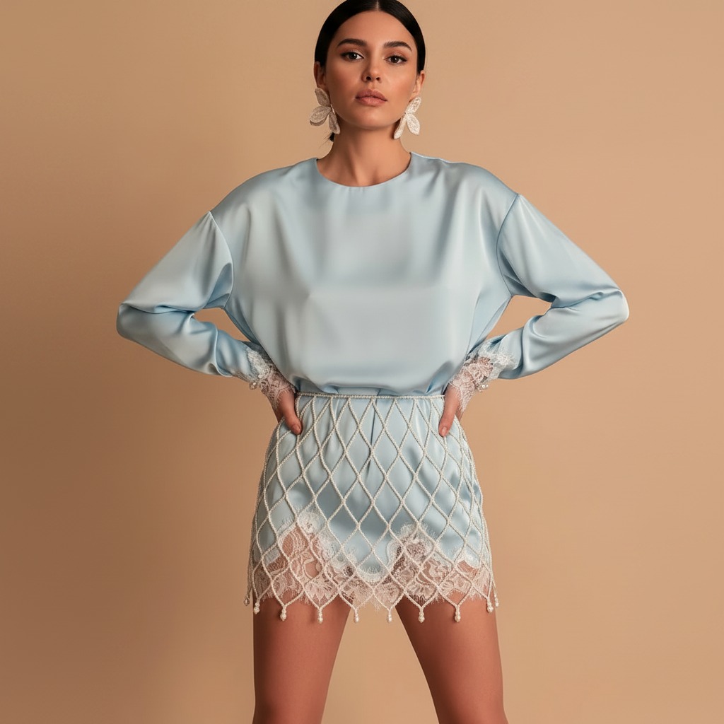 ABITO SATINATO CON PIZZO E PERLE