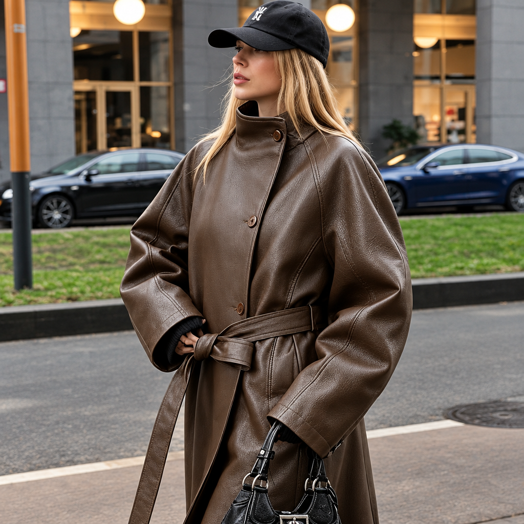 Versione con definizione migliorata della modella con il trench in pelle