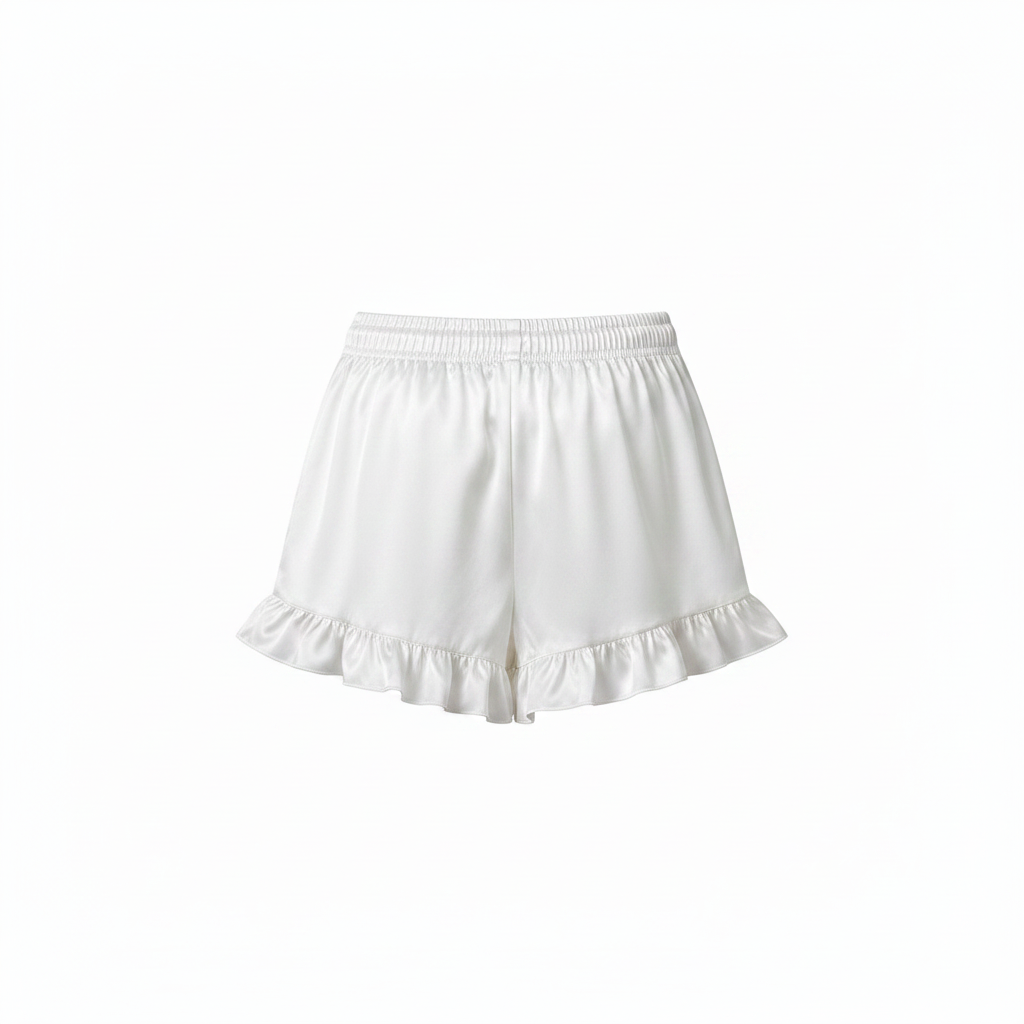 White satin ruffle shorts back view
