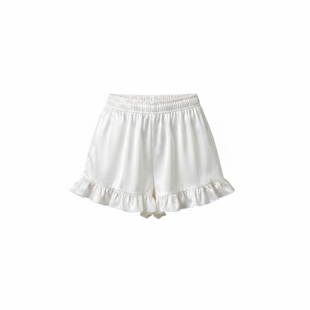 White satin ruffle shorts front view