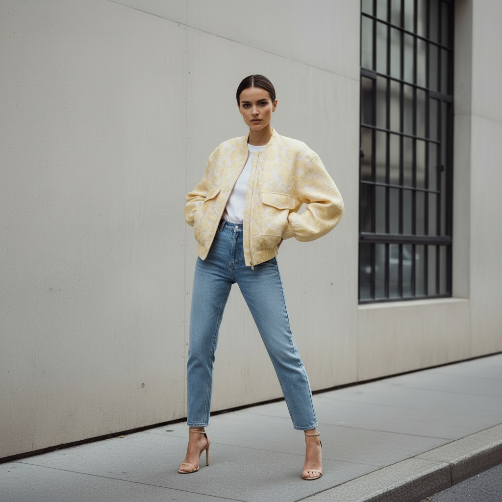 Yellow Floral Bomber – Campaign Ad Pose