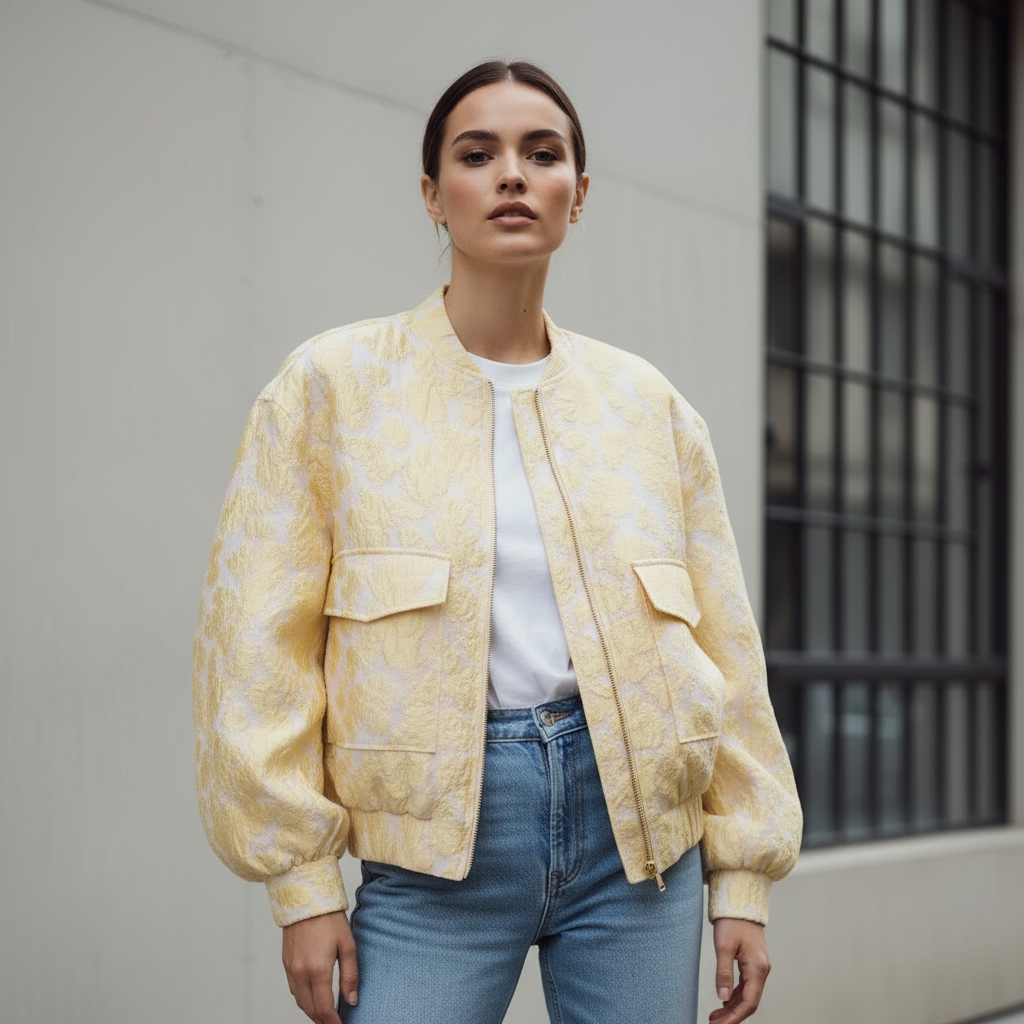 Yellow Floral Bomber – Close-Up Detail Shot