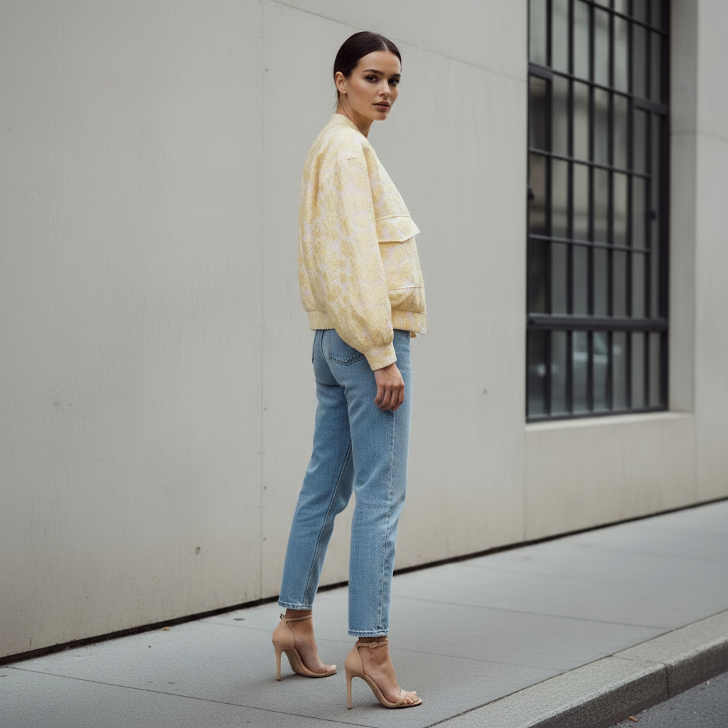 Yellow Floral Bomber – Same Model New Pose